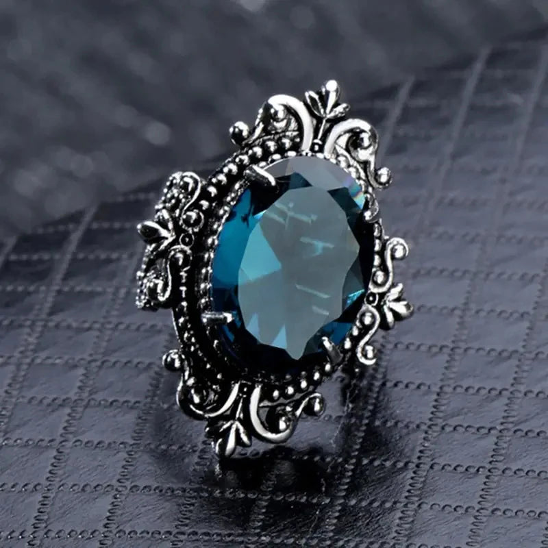 Carved Pattern Vintage Women Rings with Oval Blue CZ Stone Retro Female Rings for Party Chic Anniversary Gift New Jewelry