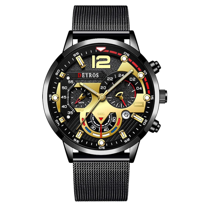 Fashion Mens Business Watches Luxury Stainless Steel Mesh Belt Quartz Wrist Watch Luminous Clock Men Casual Calendar Watch