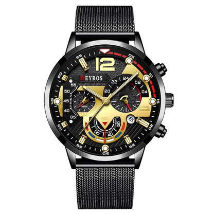 Fashion Mens Business Watches Luxury Stainless Steel Mesh Belt Quartz Wrist Watch Luminous Clock Men Casual Calendar Watch