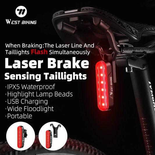 WEST BIKING Bike Taillight Laser Brake Sensing Rear Light IPX5 Waterproof USB Charging Bike Light MTB Road Bicycle Accessories