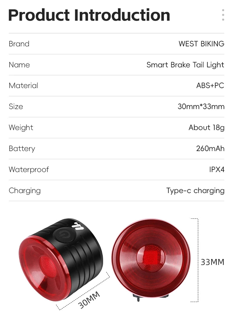 WEST BIKING Smart Brake Bike Tail Light Intelligent Type-C Charging Portable Safety Night Cycling Rear Light Bike Accessories