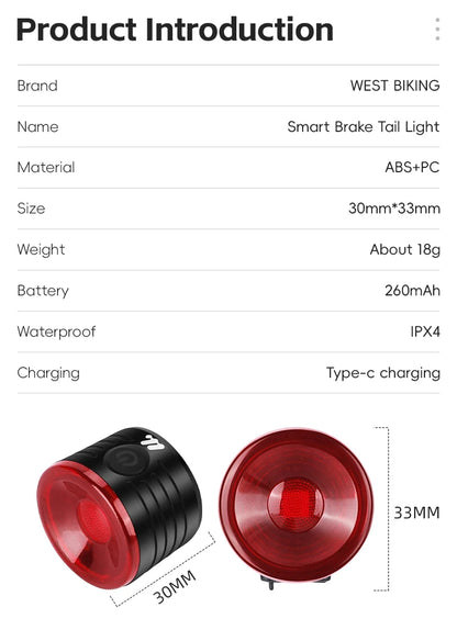 WEST BIKING Smart Brake Bike Tail Light Intelligent Type-C Charging Portable Safety Night Cycling Rear Light Bike Accessories