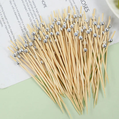 100pcs Wedding Party Pearl Disposable Skewers Food Fruit Picks Bamboo Cocktail Buffet Cake Toothpick Wedding Birthday Supplies