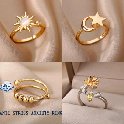 Anti Stress Anxiety Fidget Rings for Women Stainless Steel Sunflower Sun Star Spinner Ring Christmas Jewelry Gifts