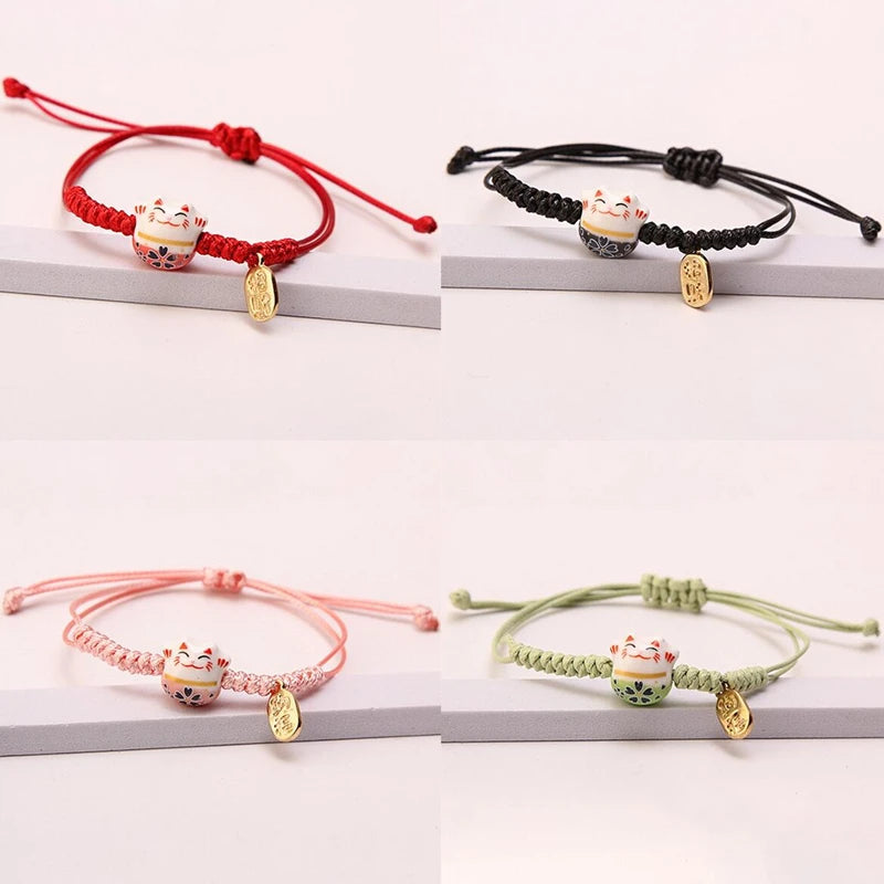 Simple Ceramic Lucky Cat Braided Bracelet for Women Cute Animal Kitten Hand-woven Adjustable Bangles Party Harajuku Jewelry Gift