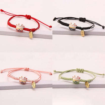 Simple Ceramic Lucky Cat Braided Bracelet for Women Cute Animal Kitten Hand-woven Adjustable Bangles Party Harajuku Jewelry Gift