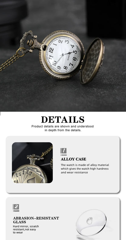 Best Gifts Luxury Quartz Pocket Watch Design Playing Card Necklace Pendant Pocket Watch Clock for Mens Womens