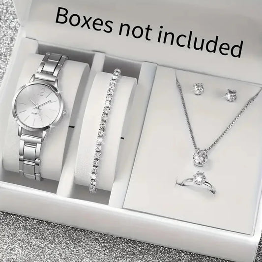 6pcs/set Women's Watch Minimalist Fashion Quartz Watch Analog Stainless Steel Wrist Watch & Jewelry Set, Gift For Mom Her