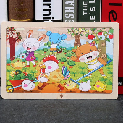 24 Pieces Wooden Puzzles Kids Cartoon Animal Wood Jigsaw Early Educational Learning Toys for Children GIFT