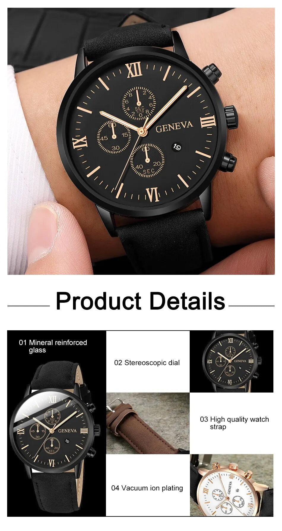 Mens Fashion Business Quartz Watch Fashion Fake Three Eye Six Pin Calendar Mens Watch Leather Belt Mens Watches