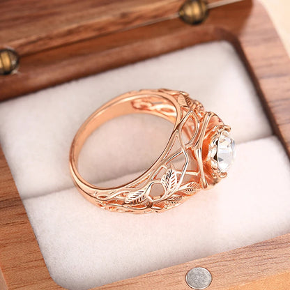 Aesthetic Rose Gold Color Flower Ring Female Engagement Accessories with Bright Zirconia Graceful Wedding Band Jewelry
