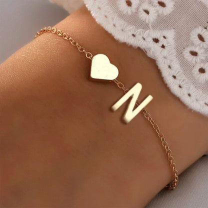 26 English Initial Letter Bracelets for Lovers Women Men DIY Personalized Name Alloy Heart-shaped Bracelets Jewelry Anniversary