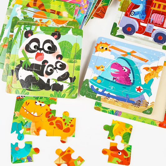 9 Piece Small Wooden Puzzle Cartoon Animal Vehicle 11x11cm Wood 3d Puzzle Montessori Educational Toys For Kids Gifts