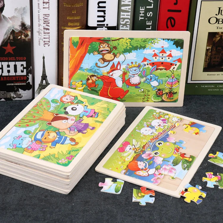 24 Pieces Wooden Puzzles Kids Cartoon Animal Wood Jigsaw Early Educational Learning Toys for Children GIFT