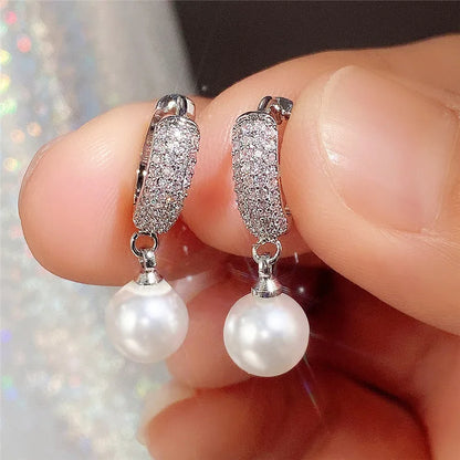 Luxury CZ Imitation Pearl Earrings for Women Silver Color Temperament Elegant Lady Earrings Wedding Party Fashion Jewelry