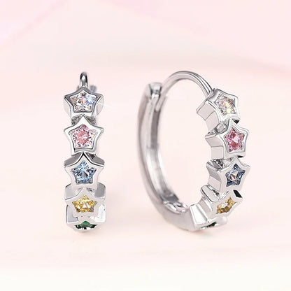 Trendy Star Hoop Circle Earrings Female Bright Rainbow Colored Zirconia Accessories Silver Color Jewelry for Daily Wear