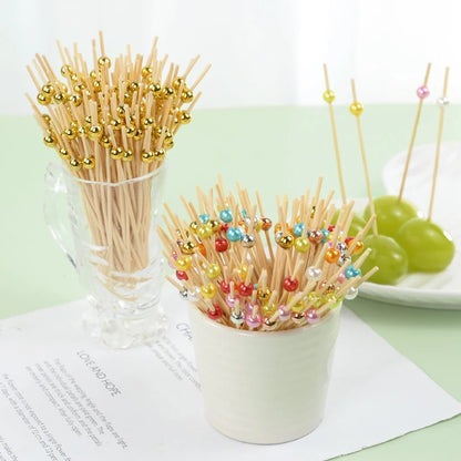 100pcs Wedding Party Pearl Disposable Skewers Food Fruit Picks Bamboo Cocktail Buffet Cake Toothpick Wedding Birthday Supplies