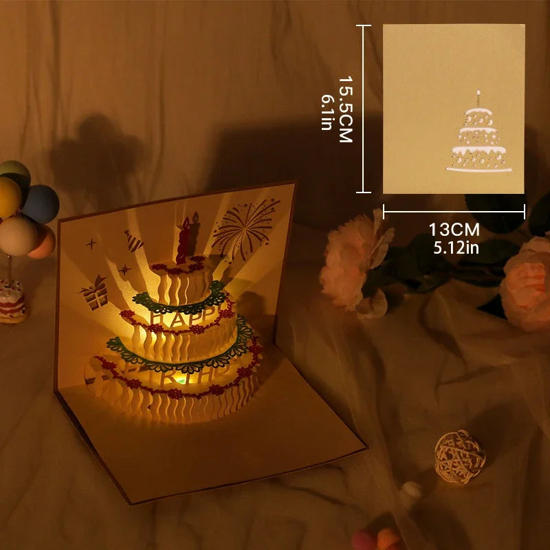 3D Light Music Birthday Card Pop Up Cake Creative Greeting Card Happy Birthday Party Gift Message Cards