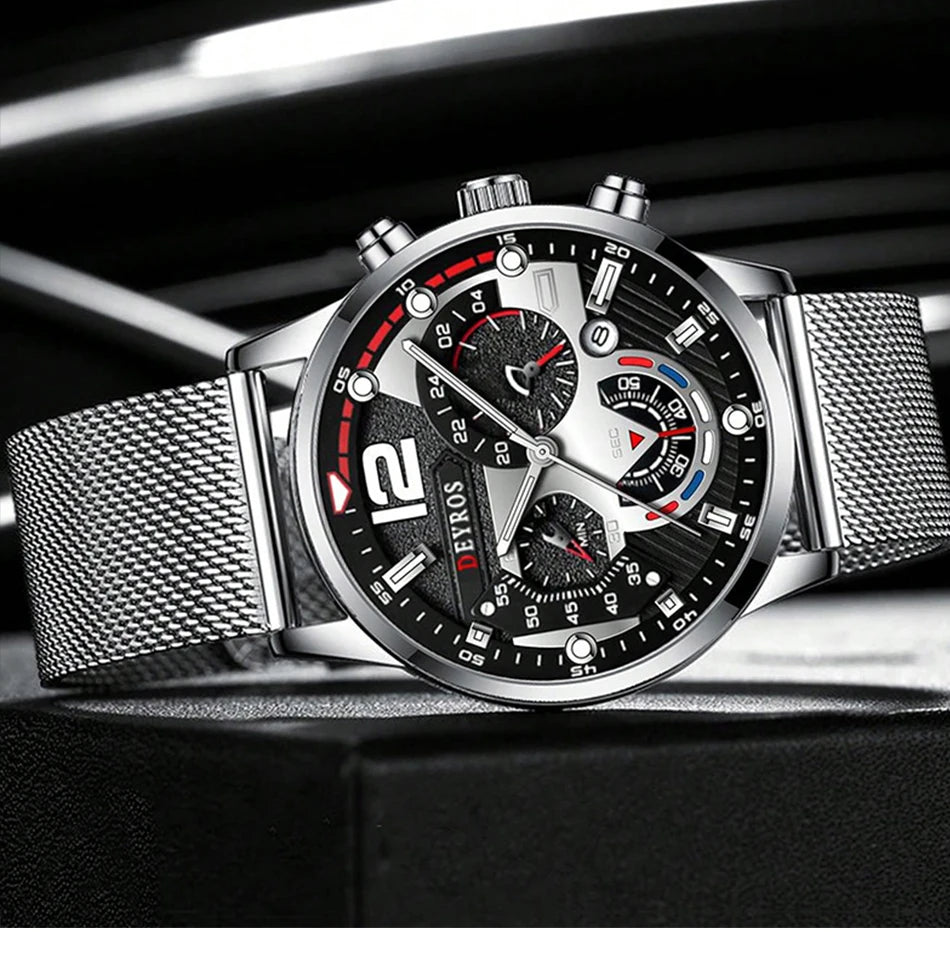Fashion Mens Business Watches Luxury Stainless Steel Mesh Belt Quartz Wrist Watch Luminous Clock Men Casual Calendar Watch