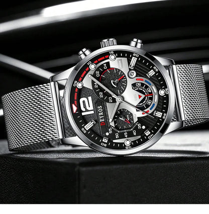 Fashion Mens Business Watches Luxury Stainless Steel Mesh Belt Quartz Wrist Watch Luminous Clock Men Casual Calendar Watch