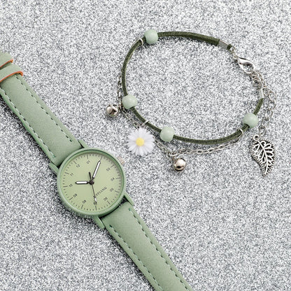 2PCS/Set Women's Watch Fashion Arabic Dial Leather Band Quartz Watches Flower Bracelet Set Reloj Mujer Girls Clock Gift