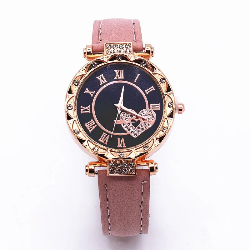 6PCS/Set Women's Watch Fashion Roma Heart Dial Leather Band Quartz Watches Leaf Bracelets Set(Without Box)