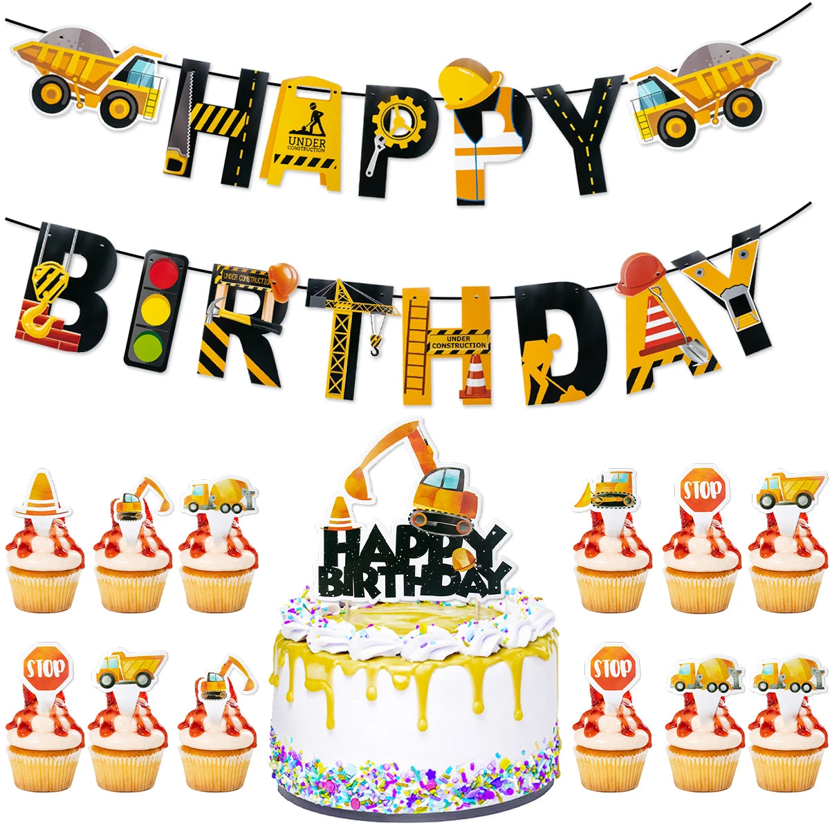 Construction Birthday Party Supplies Tractor Excavator Paper Plate Cup Birthday Banner Truck Latex Balloons For Child's Birthday