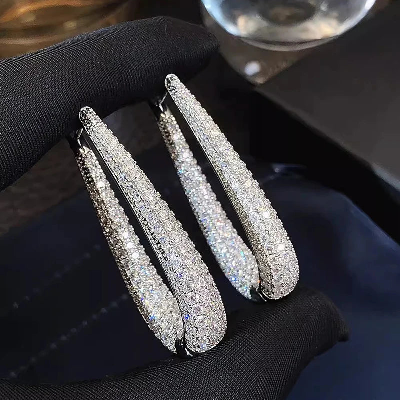 Gorgeous Silver Color Hoop Earrings Female Fashion Party Jewelry with Bright Zirconia Luxury Engagement Accessories Gift