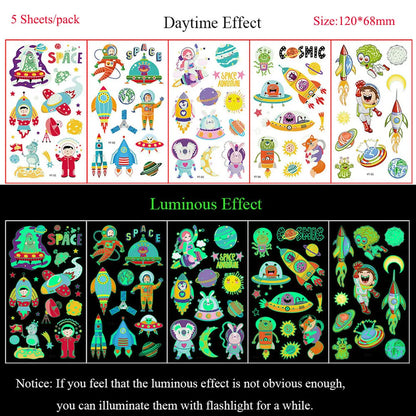 5 Sheets Luminous Tattoo Stickers Temporary Colorful Animal Dinosaur Tattoo Cute Tattoo Stickers Children's Body Tatto