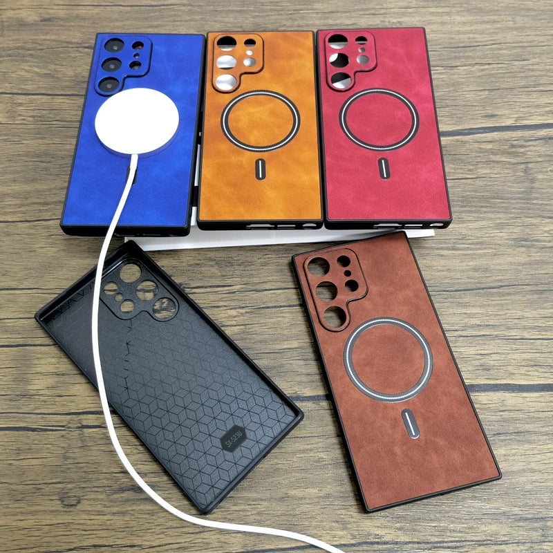 Luxury Matte Leather Case For Samsung Galaxy S25 S24 S23 S22 S21 Ultra Plus FE Note 20 S 23 22 For Magsafe Wireless Full Cover