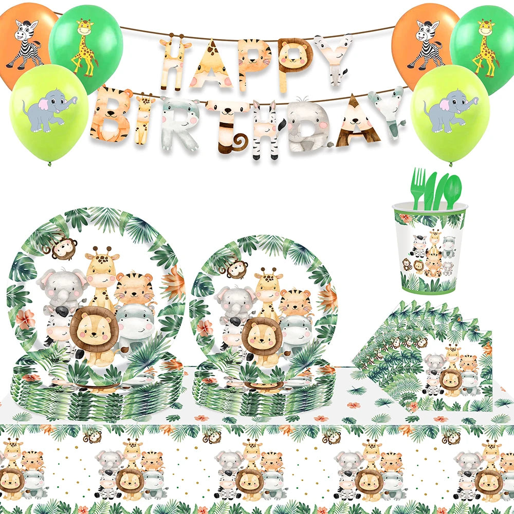 Jungle Birthday Disposable Tableware Wild One Paper Plates Cups Napkins Tablecloth Safari Jungle Animals Theme Party Decorations