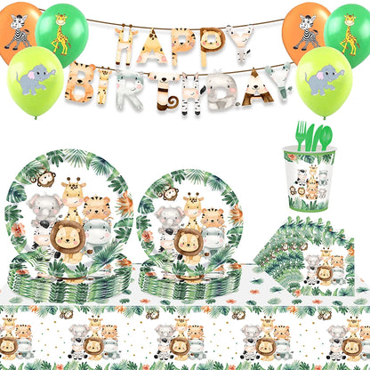 Jungle Birthday Disposable Tableware Wild One Paper Plates Cups Napkins Tablecloth Safari Jungle Animals Theme Party Decorations