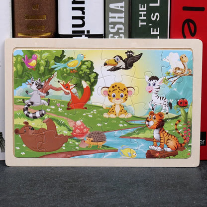 24 Pieces Wooden Puzzles Kids Cartoon Animal Wood Jigsaw Early Educational Learning Toys for Children GIFT