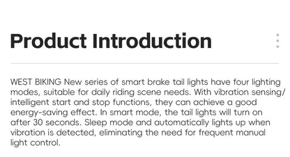 WEST BIKING Smart Brake Bike Tail Light Intelligent Type-C Charging Portable Safety Night Cycling Rear Light Bike Accessories