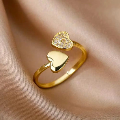 New Smooth Double Heart Shiny Zircon Love Ring Adjustable Finger Ring, Suitable For Women's Daily Wear Jewelry Gifts