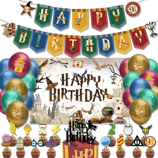 Hot Magic Academy Birthday Party Supply Disposable Banner Cake Topper Hanging Flag Harries Balloons Set Birthday Decoration