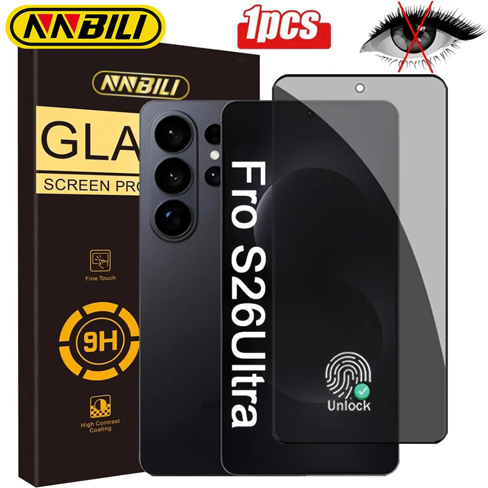 NNBILI Privacy Tempered Glass for Samsung Galaxy S26 Ultra S26+ Plus S25 S24 Fingerprint Unlocking Anti-spy Screen Protector S26 Glass