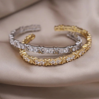 2024 French new design fashion jewelry two-color plated zircon letter X opening bracelet elegant women's daily work accessories