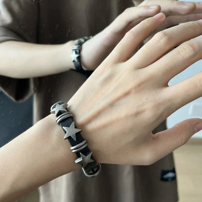 E0BF Goth Vintage Star Leather Alloy Bracelets For Women Men Gothic Retro Couple Bracelet Rock Party Jewelry Accessory-Decor