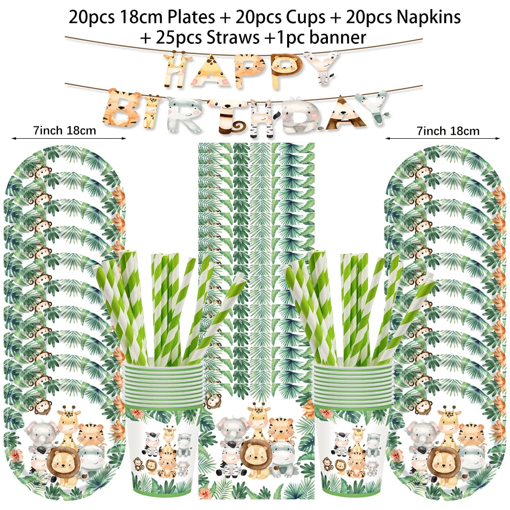 Jungle Birthday Disposable Tableware Wild One Paper Plates Cups Napkins Tablecloth Safari Jungle Animals Theme Party Decorations