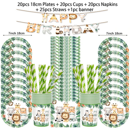 Jungle Birthday Disposable Tableware Wild One Paper Plates Cups Napkins Tablecloth Safari Jungle Animals Theme Party Decorations
