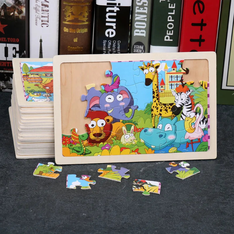 24 Pieces Wooden Puzzles Kids Cartoon Animal Wood Jigsaw Early Educational Learning Toys for Children GIFT