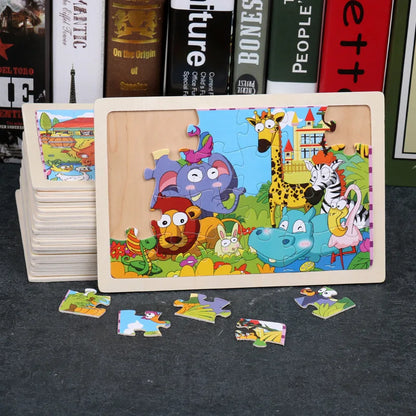 24 Pieces Wooden Puzzles Kids Cartoon Animal Wood Jigsaw Early Educational Learning Toys for Children GIFT
