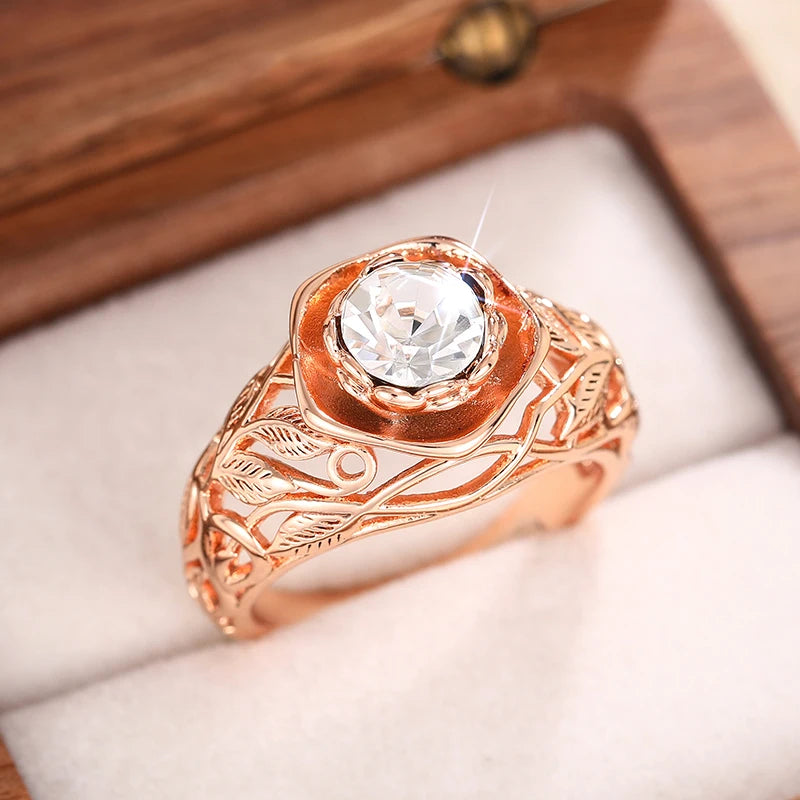 Aesthetic Rose Gold Color Flower Ring Female Engagement Accessories with Bright Zirconia Graceful Wedding Band Jewelry