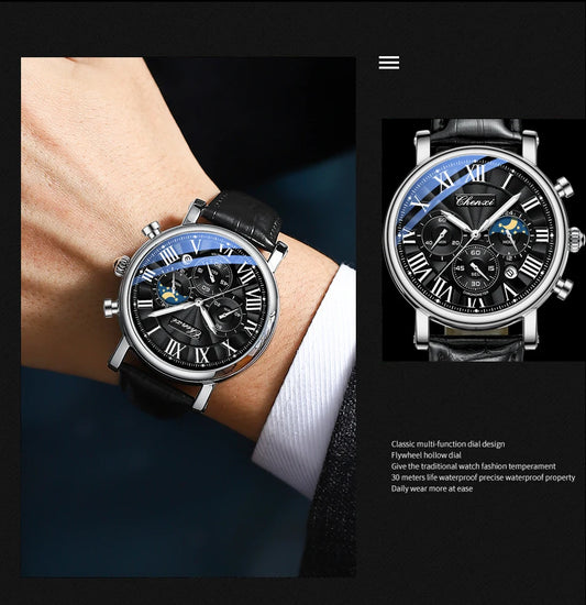 CHENXI Fashion Business Mens Watches Top Luxury Quartz Watch Auto Date Chronograph Men Leather Waterproof Wristwatch