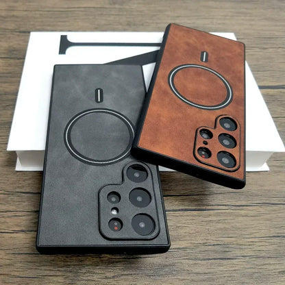 Luxury Matte Leather Case For Samsung Galaxy S25 S24 S23 S22 S21 Ultra Plus FE Note 20 S 23 22 For Magsafe Wireless Full Cover