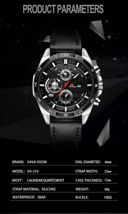 Top Men Watch Sports Style 46mm Large Leather Racing Style Casual Fashion Original Black Rose Gold Calendar Quartz Watch Relogio