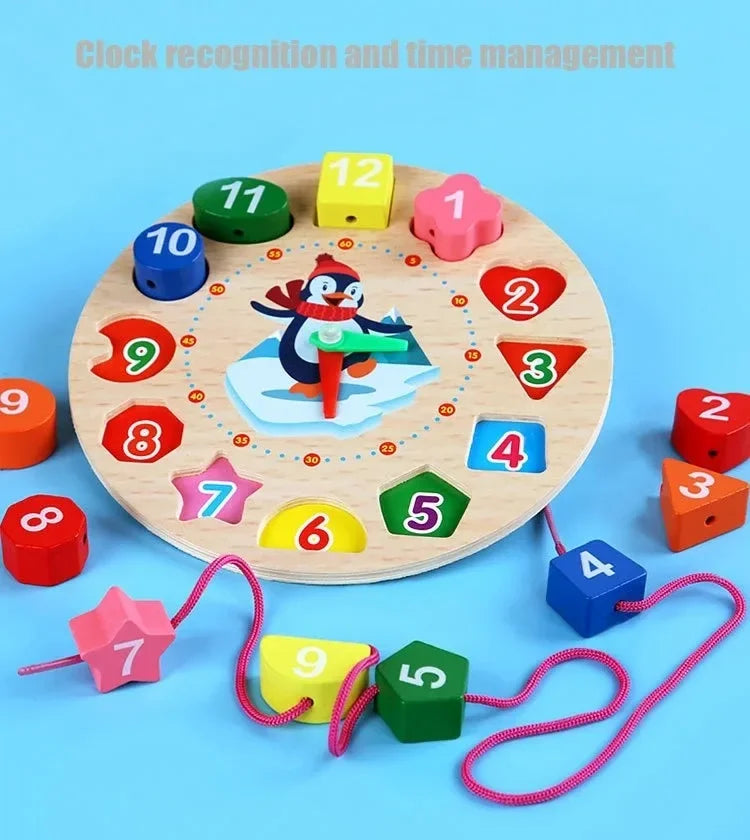 Wooden Number Blocks Puzzle Shape Color Sorting Clock Montessori Toys for Kids Early Education Penguin Patterns Time Learning