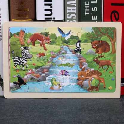 24 Pieces Wooden Puzzles Kids Cartoon Animal Wood Jigsaw Early Educational Learning Toys for Children GIFT