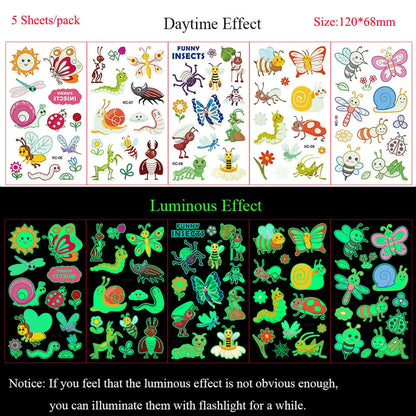 5 Sheets Luminous Tattoo Stickers Temporary Colorful Animal Dinosaur Tattoo Cute Tattoo Stickers Children's Body Tatto